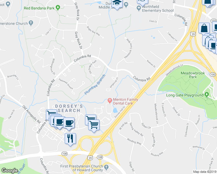 map of restaurants, bars, coffee shops, grocery stores, and more near 4570 Kingscup Court in Ellicott City
