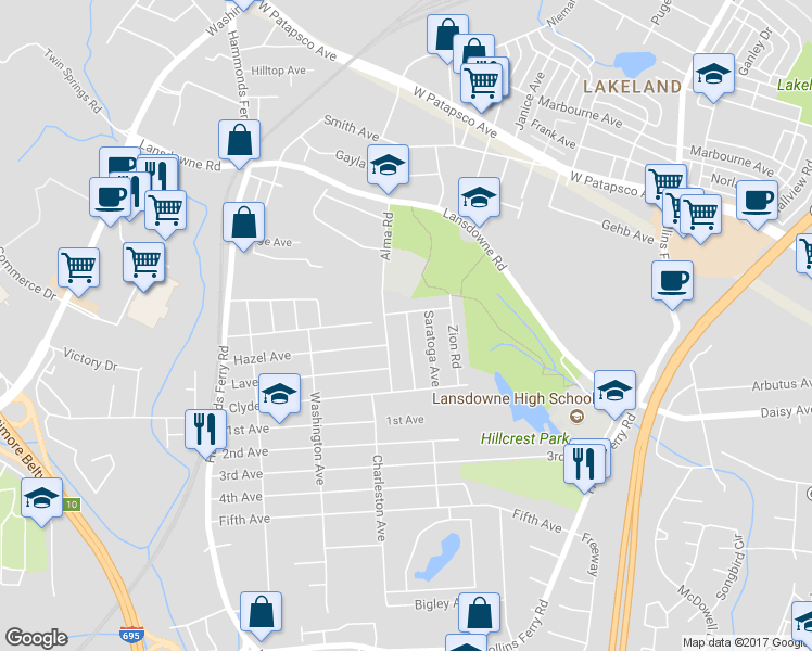 map of restaurants, bars, coffee shops, grocery stores, and more near 2414 Brunswick Road in Halethorpe
