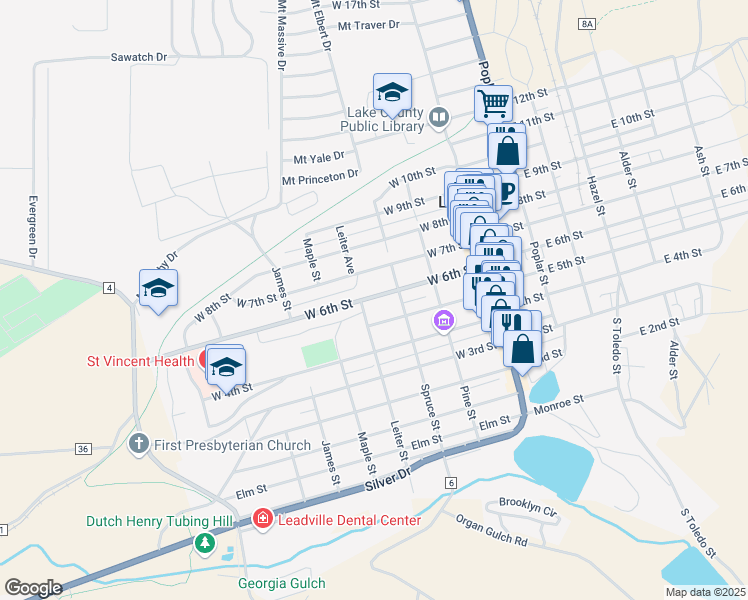 map of restaurants, bars, coffee shops, grocery stores, and more near 315 West 6th Street in Leadville