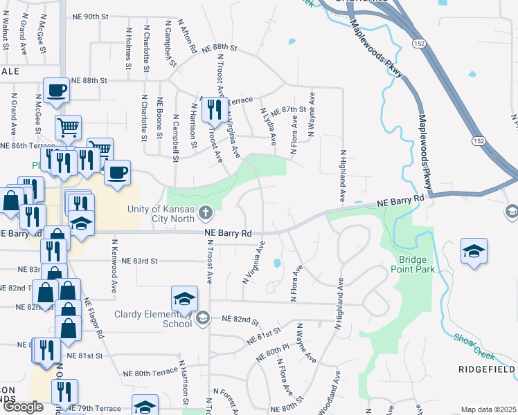 map of restaurants, bars, coffee shops, grocery stores, and more near 1305 Northeast 84th Place in Kansas City