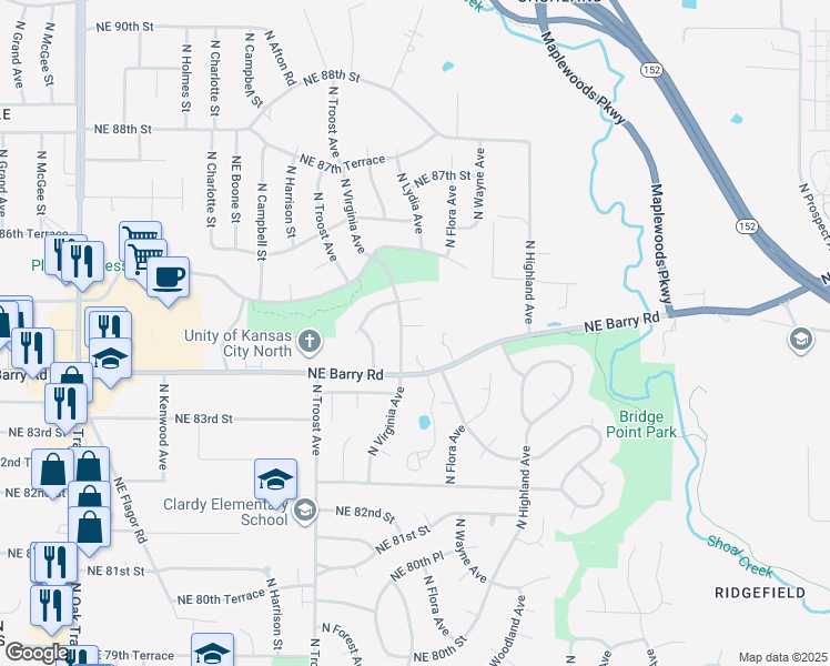 map of restaurants, bars, coffee shops, grocery stores, and more near 1305 Northeast 84th Place in Kansas City