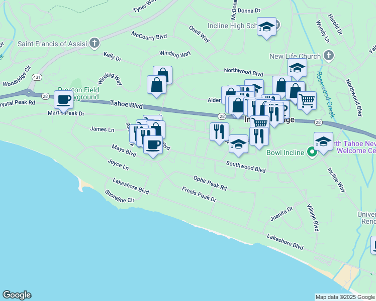 map of restaurants, bars, coffee shops, grocery stores, and more near 820 Southwood Boulevard in Incline Village