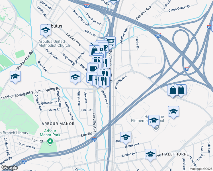 map of restaurants, bars, coffee shops, grocery stores, and more near 1417 Sulphur Spring Road in Halethorpe