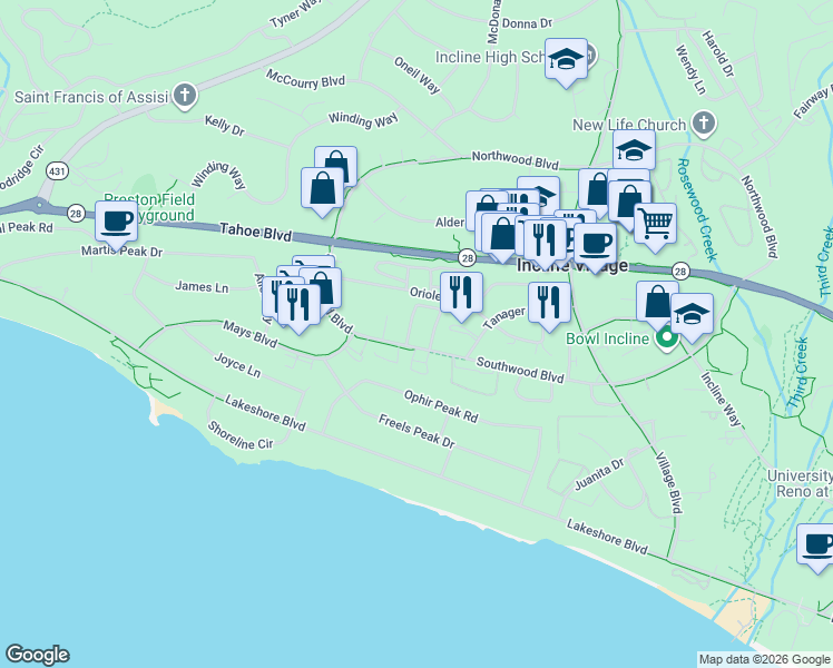 map of restaurants, bars, coffee shops, grocery stores, and more near 209 Robin Drive in Incline Village