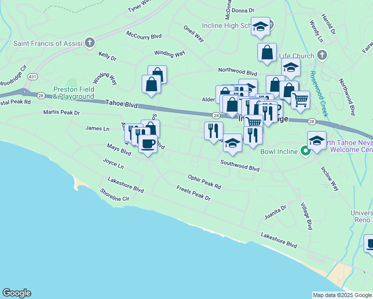 map of restaurants, bars, coffee shops, grocery stores, and more near 820 Southwood Boulevard in Incline Village