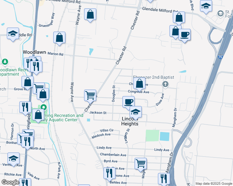 map of restaurants, bars, coffee shops, grocery stores, and more near 901 Congress Avenue in Cincinnati