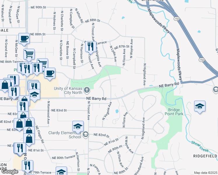map of restaurants, bars, coffee shops, grocery stores, and more near 1305 Northeast 84th Place in Kansas City