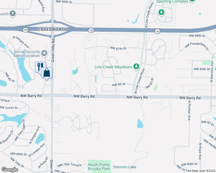 map of restaurants, bars, coffee shops, grocery stores, and more near 3641 Northwest 85 Street in Kansas City