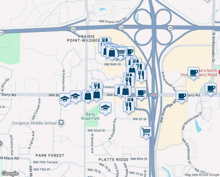 map of restaurants, bars, coffee shops, grocery stores, and more near 7301 Northwest 84th Terrace in Kansas City