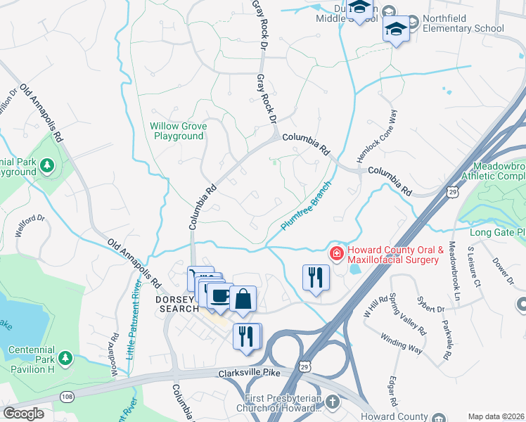 map of restaurants, bars, coffee shops, grocery stores, and more near 4714 Hallowed Stream in Ellicott City