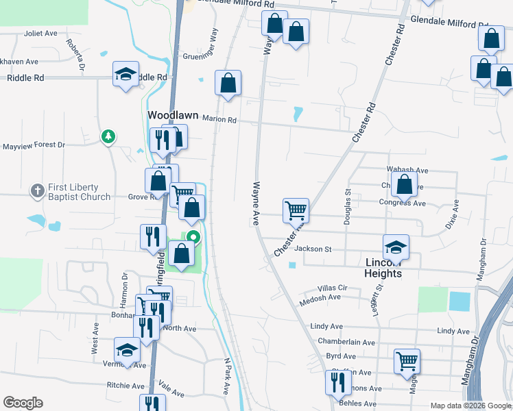 map of restaurants, bars, coffee shops, grocery stores, and more near 10021 Wayne Avenue in Cincinnati