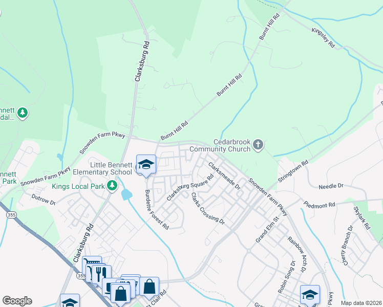 map of restaurants, bars, coffee shops, grocery stores, and more near 12809 Short Hills Drive in Clarksburg