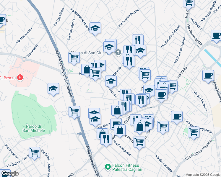 map of restaurants, bars, coffee shops, grocery stores, and more near 19 Via Socrate in Cagliari