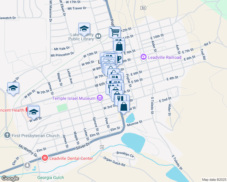 map of restaurants, bars, coffee shops, grocery stores, and more near 400 Harrison Avenue in Leadville