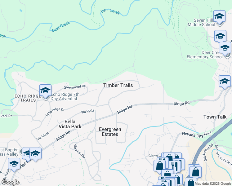 map of restaurants, bars, coffee shops, grocery stores, and more near 11276 Marjon Drive in Nevada City