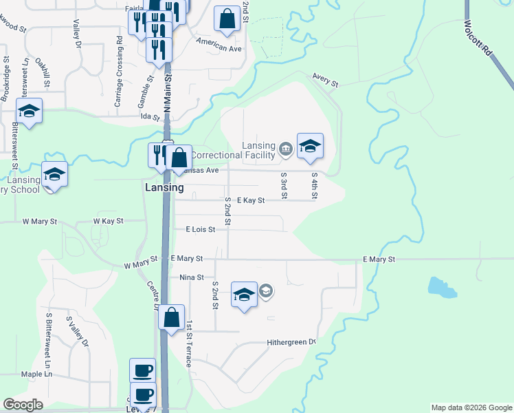 map of restaurants, bars, coffee shops, grocery stores, and more near 212 East Kay Street in Lansing