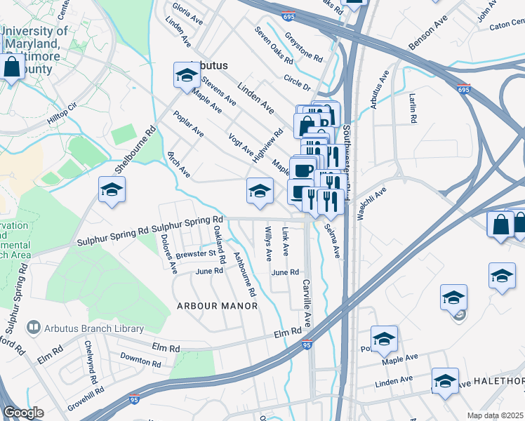 map of restaurants, bars, coffee shops, grocery stores, and more near 1300 Sulphur Spring Road in Halethorpe