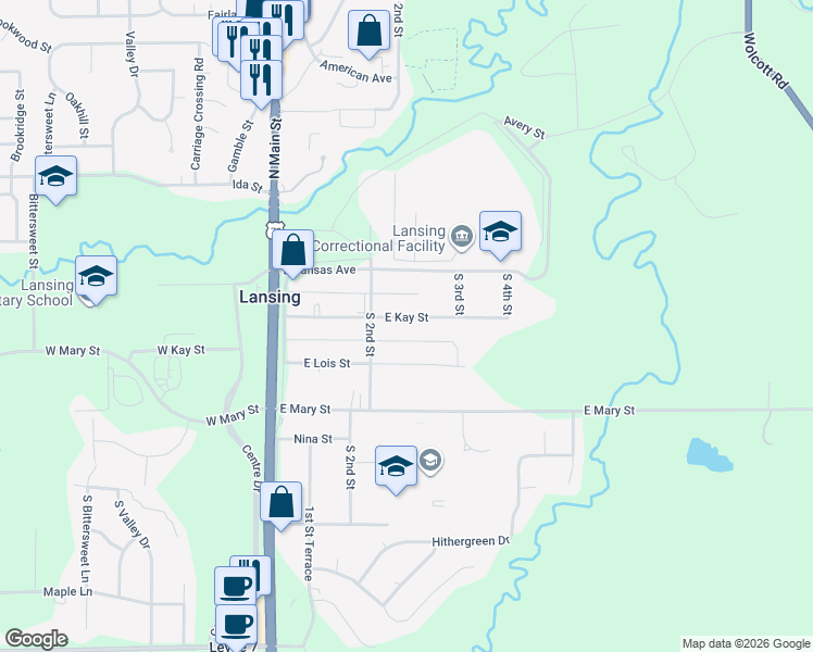 map of restaurants, bars, coffee shops, grocery stores, and more near 212 East Kay Street in Lansing