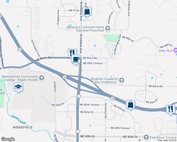 map of restaurants, bars, coffee shops, grocery stores, and more near 3501 Northeast 85th Street in Kansas City