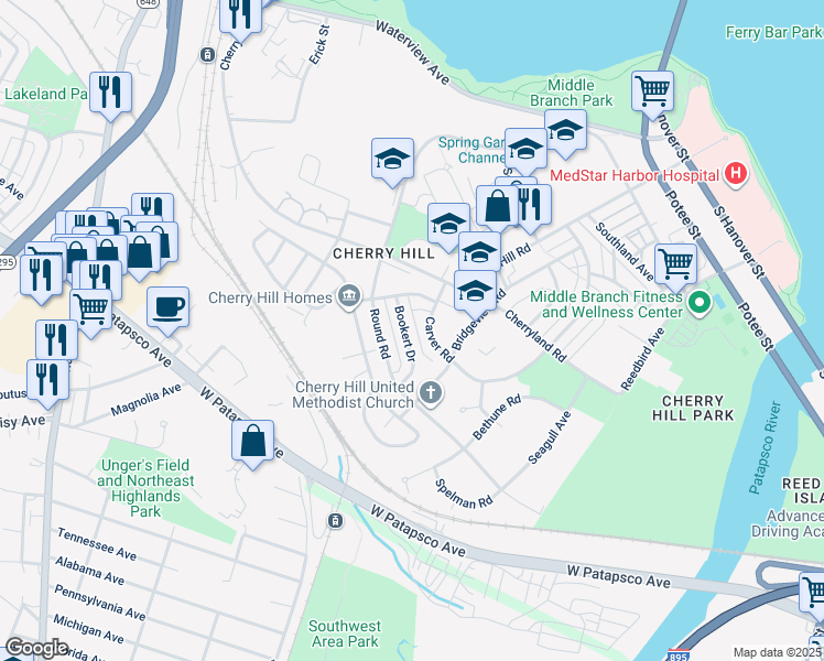 map of restaurants, bars, coffee shops, grocery stores, and more near 2747 Bookert Drive in Baltimore