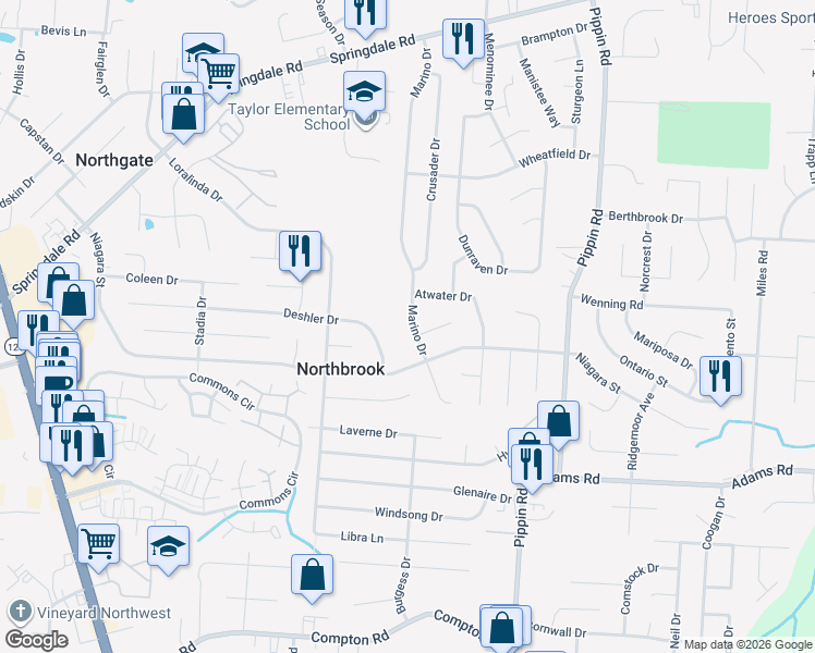 map of restaurants, bars, coffee shops, grocery stores, and more near 9735 Marino Drive in Cincinnati