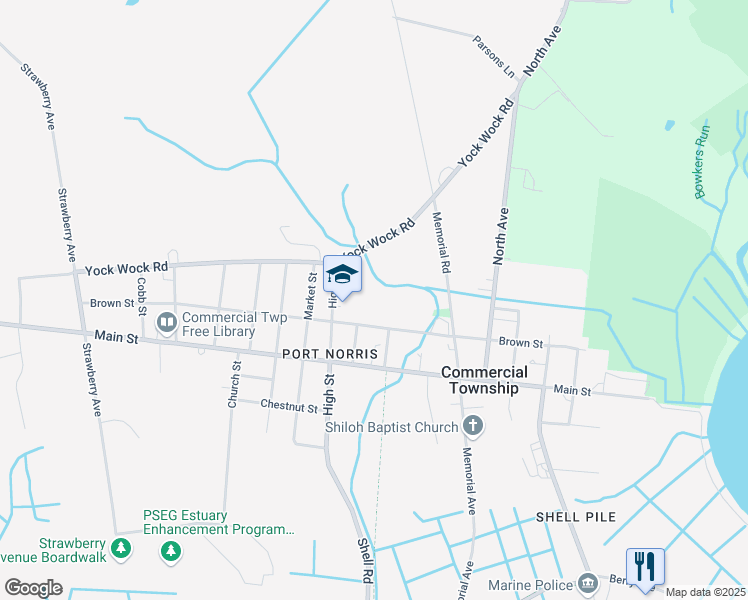map of restaurants, bars, coffee shops, grocery stores, and more near 6812 Brown Street in Commercial Township