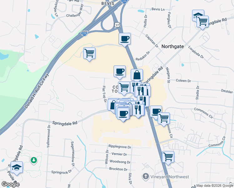 map of restaurants, bars, coffee shops, grocery stores, and more near 3705 Susanna Drive in Cincinnati