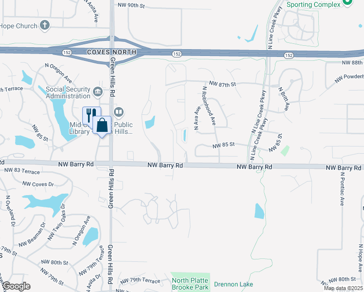 map of restaurants, bars, coffee shops, grocery stores, and more near 3806 Northwest 85th Terrace in Kansas City