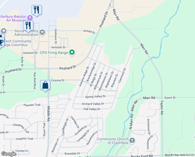 map of restaurants, bars, coffee shops, grocery stores, and more near 4656 Willowbrook Drive in Columbus