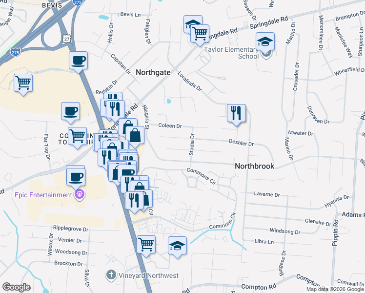 map of restaurants, bars, coffee shops, grocery stores, and more near 3303 Ainsworth Drive in Cincinnati