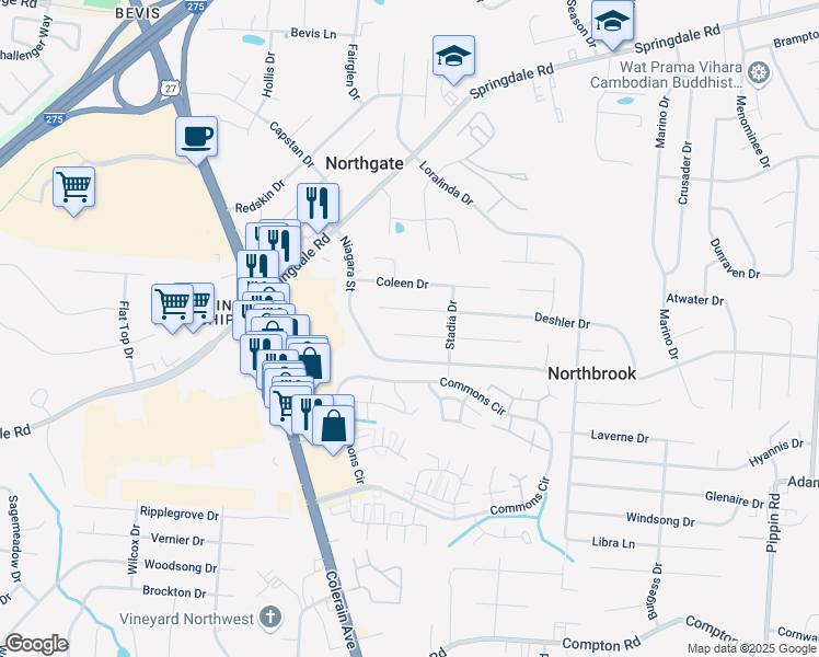 map of restaurants, bars, coffee shops, grocery stores, and more near 3369 Ainsworth Drive in Cincinnati