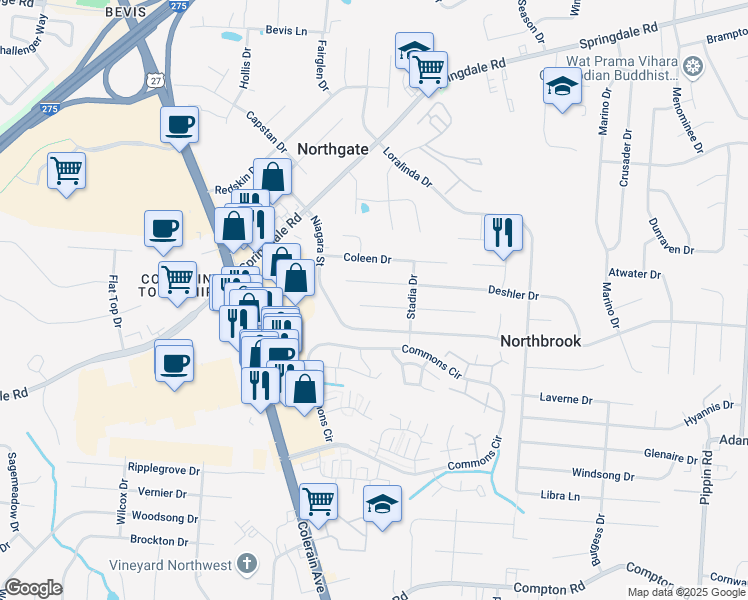 map of restaurants, bars, coffee shops, grocery stores, and more near 3369 Ainsworth Drive in Cincinnati