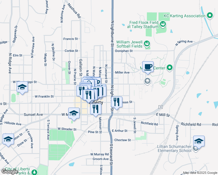 map of restaurants, bars, coffee shops, grocery stores, and more near 119 North Leonard Street in Liberty
