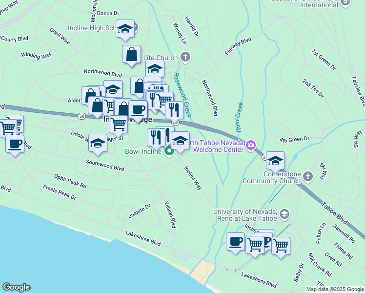 map of restaurants, bars, coffee shops, grocery stores, and more near 936 Southwood Boulevard in Incline Village