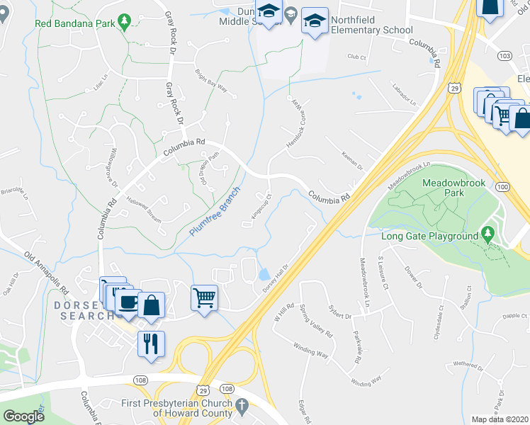 map of restaurants, bars, coffee shops, grocery stores, and more near 4539 Kingscup Court in Ellicott City