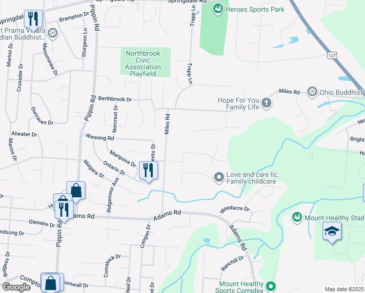 map of restaurants, bars, coffee shops, grocery stores, and more near 2364 Roxanna Drive in Cincinnati