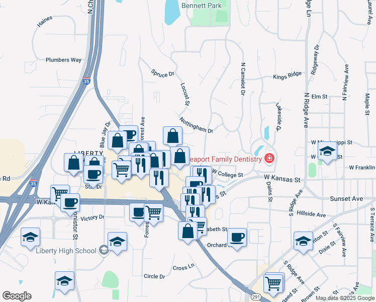 map of restaurants, bars, coffee shops, grocery stores, and more near 1200 West College Street in Liberty