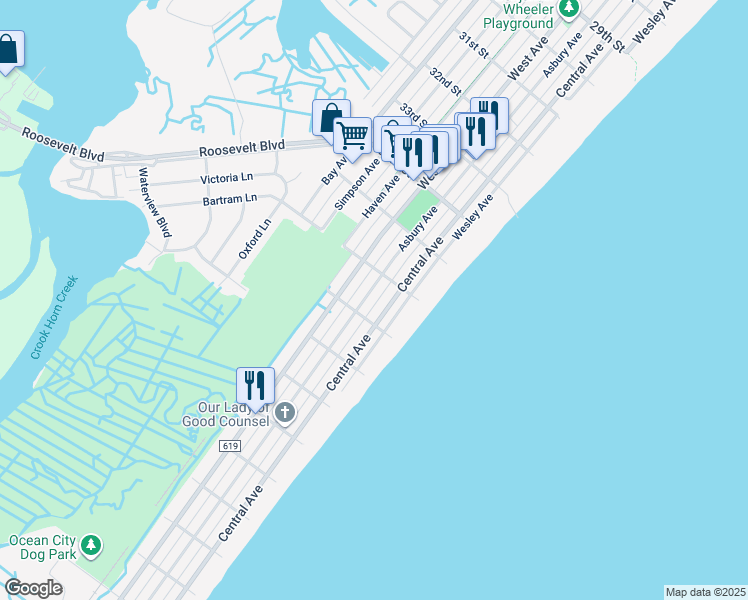 map of restaurants, bars, coffee shops, grocery stores, and more near 3633 Asbury Avenue in Ocean City