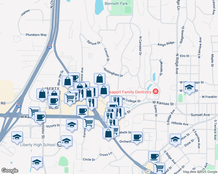 map of restaurants, bars, coffee shops, grocery stores, and more near 1200 West College Street in Liberty