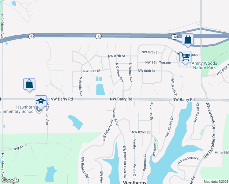 map of restaurants, bars, coffee shops, grocery stores, and more near 10321 Northwest 85th Street in Kansas City