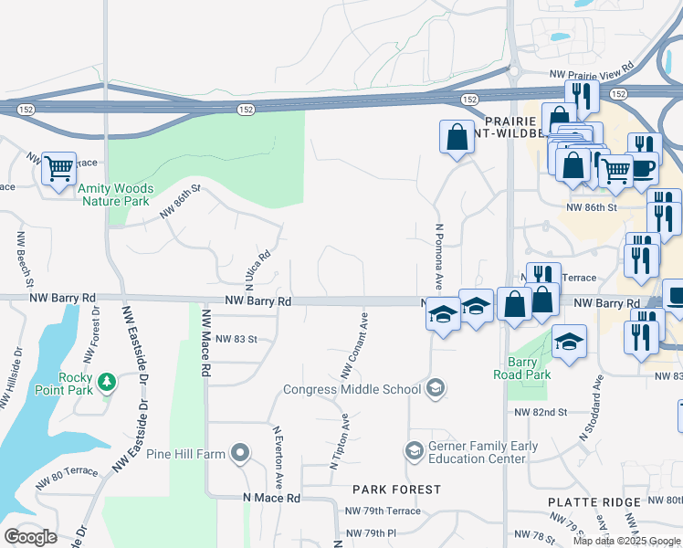 map of restaurants, bars, coffee shops, grocery stores, and more near 8300 Northwest Barry Road in Kansas City