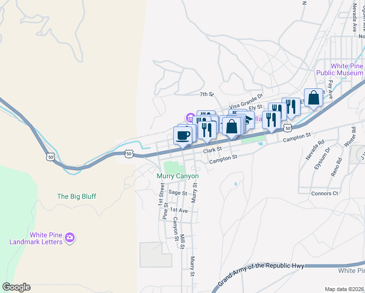 map of restaurants, bars, coffee shops, grocery stores, and more near 304 Aultman Street in Ely
