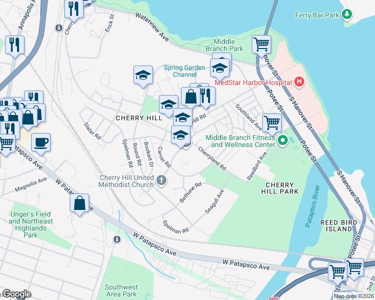map of restaurants, bars, coffee shops, grocery stores, and more near 801 Bridgeview Road in Baltimore