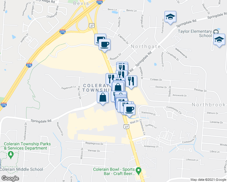 map of restaurants, bars, coffee shops, grocery stores, and more near 9735 Colerain Avenue in Cincinnati