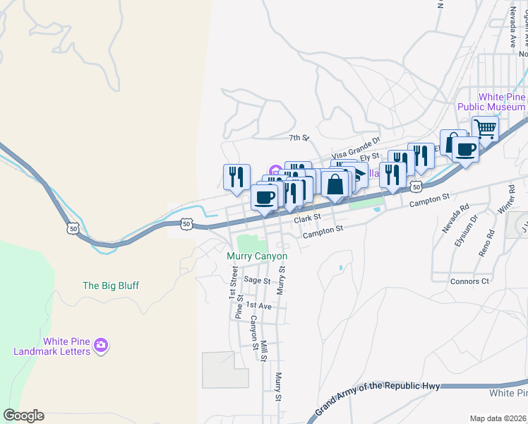 map of restaurants, bars, coffee shops, grocery stores, and more near 304 Aultman Street in Ely