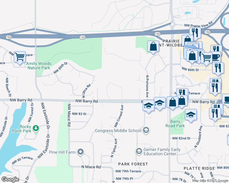 map of restaurants, bars, coffee shops, grocery stores, and more near 8300 Northwest Barry Road in Kansas City