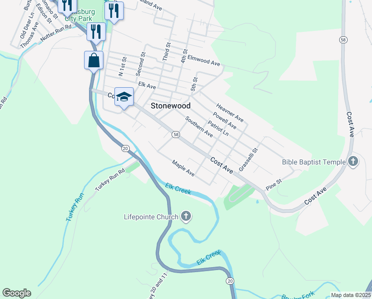 map of restaurants, bars, coffee shops, grocery stores, and more near 217 Maple Avenue in Stonewood