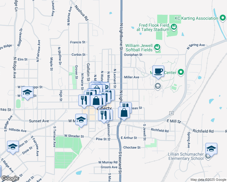 map of restaurants, bars, coffee shops, grocery stores, and more near 119 North Leonard Street in Liberty