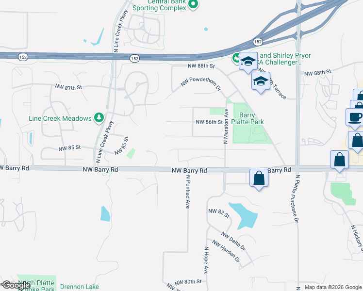 map of restaurants, bars, coffee shops, grocery stores, and more near 2608 Northwest Barry Road in Kansas City