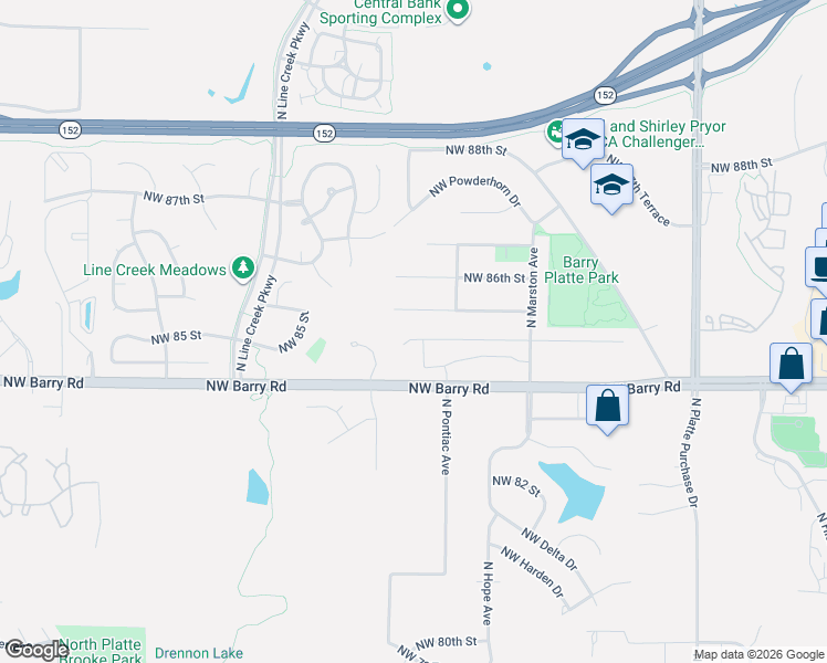 map of restaurants, bars, coffee shops, grocery stores, and more near 2700 Northwest Barry Road in Kansas City